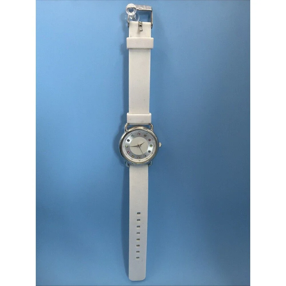 Women’s Quartz Watch White Strap Silver Case Multi-Color Rhinestone Markers SM